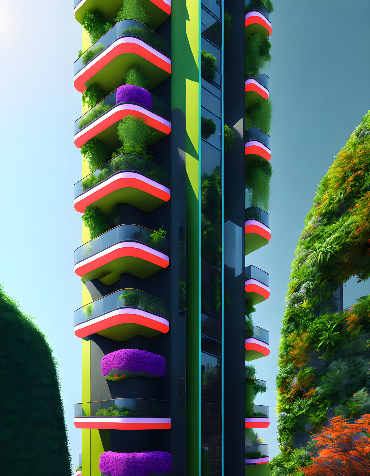 Multicolored balconies and lush gardens on futuristic high-rise.