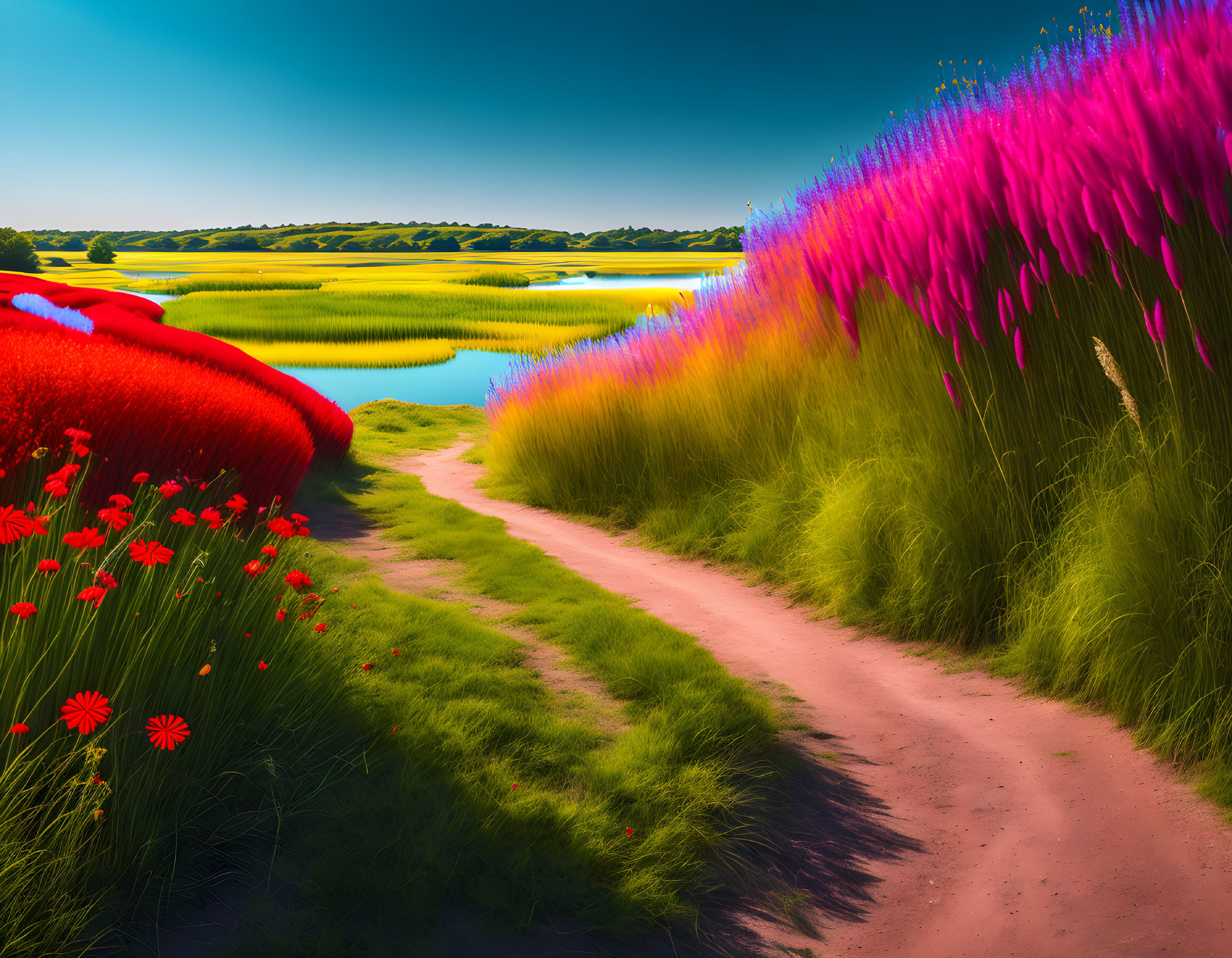 Colorful landscape with dirt path, red poppies, pink grasses, blue water, and green