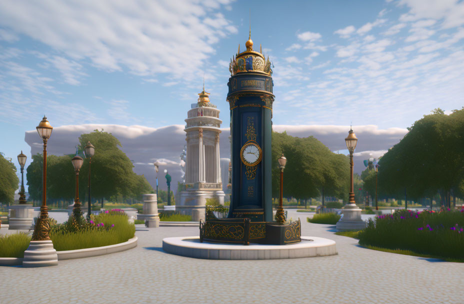 Blue and Gold Clock Tower in Serene Park with White Pillars and Flowers