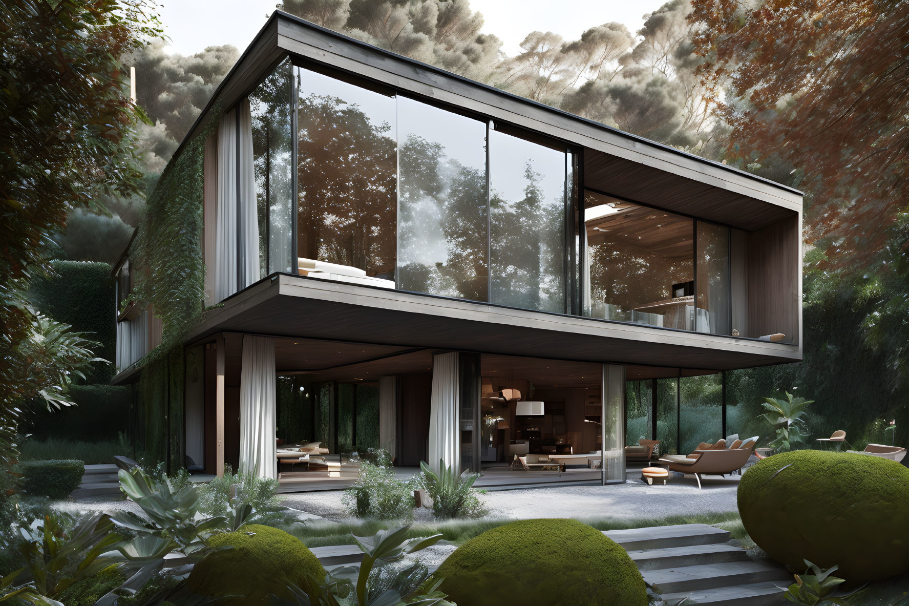 Modern Glass House with Wooden Panels in Lush Greenery