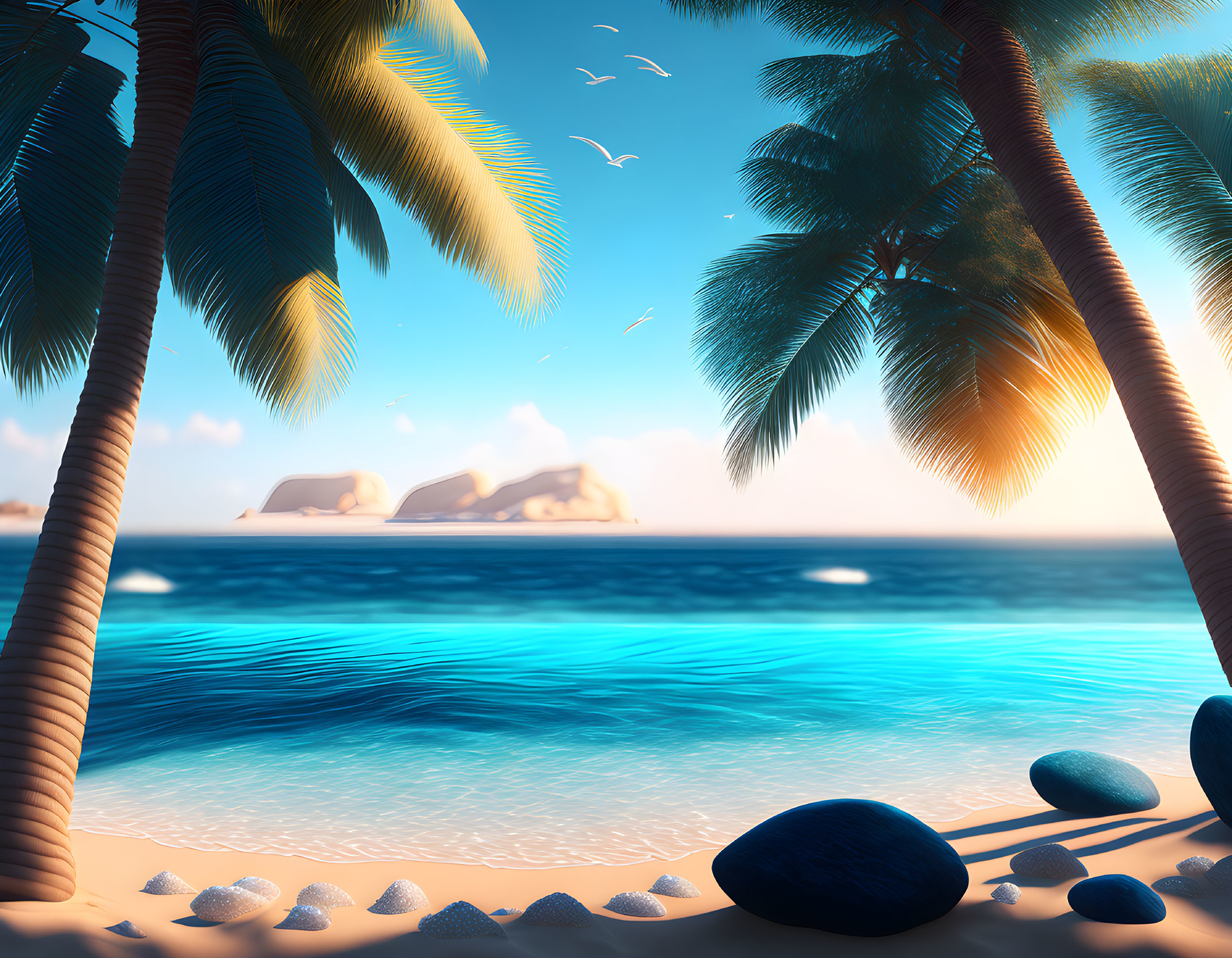 Tropical beach with palm trees, clear water, white sand, and distant island under sunny sky.