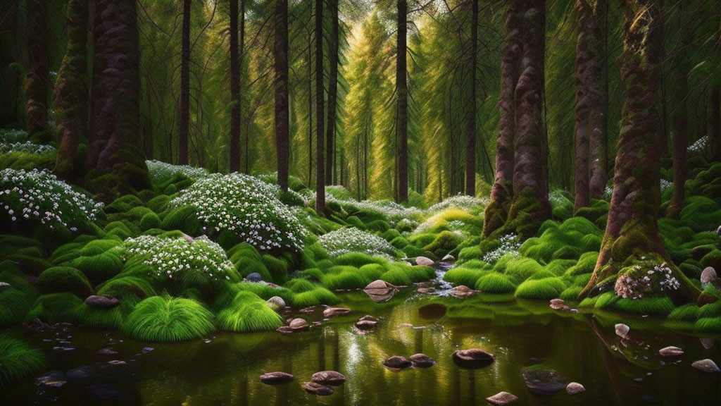 Tranquil woodland scene with moss, white flowers, stream, and tall trees