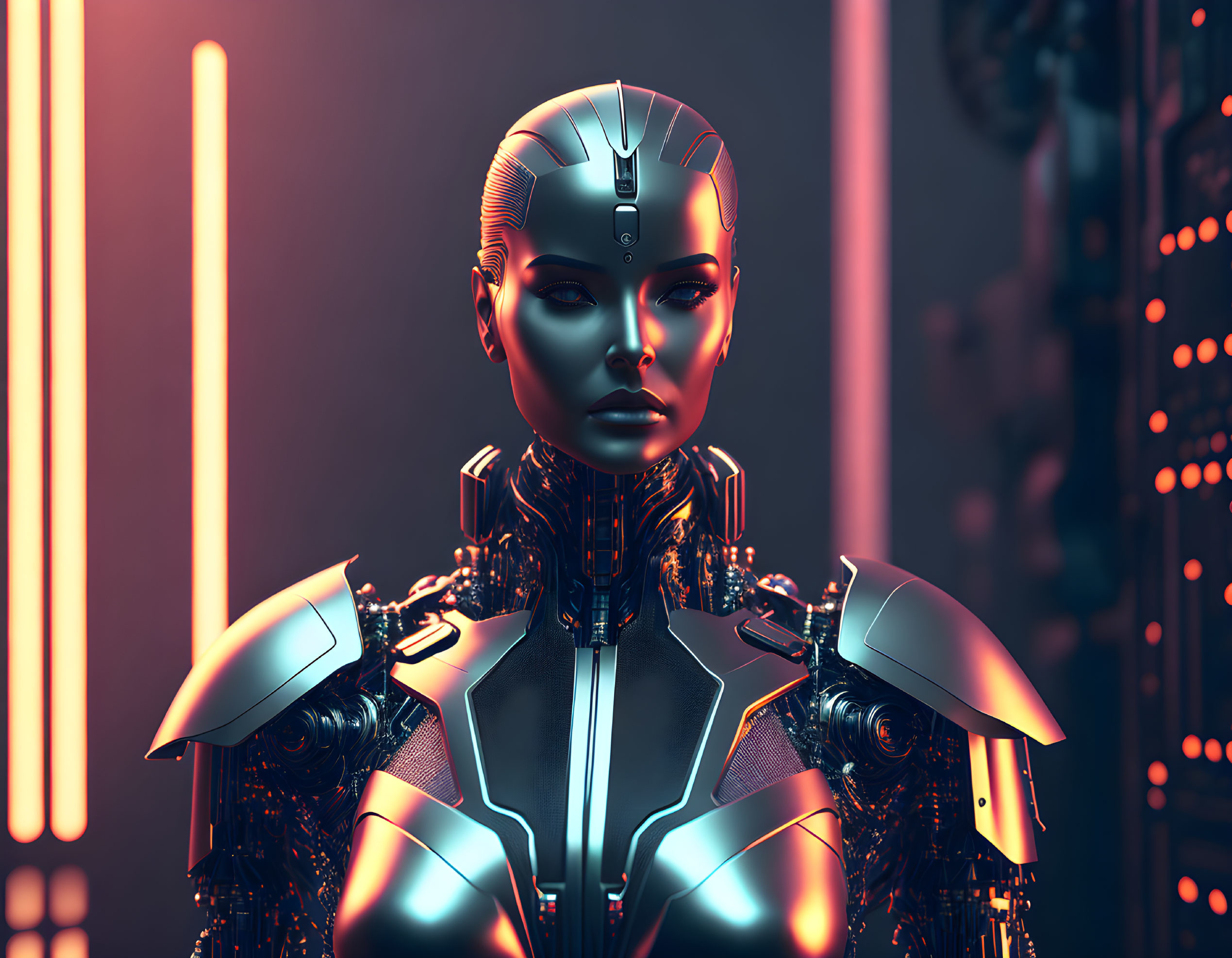 Detailed futuristic female robot with armor against glowing red lights