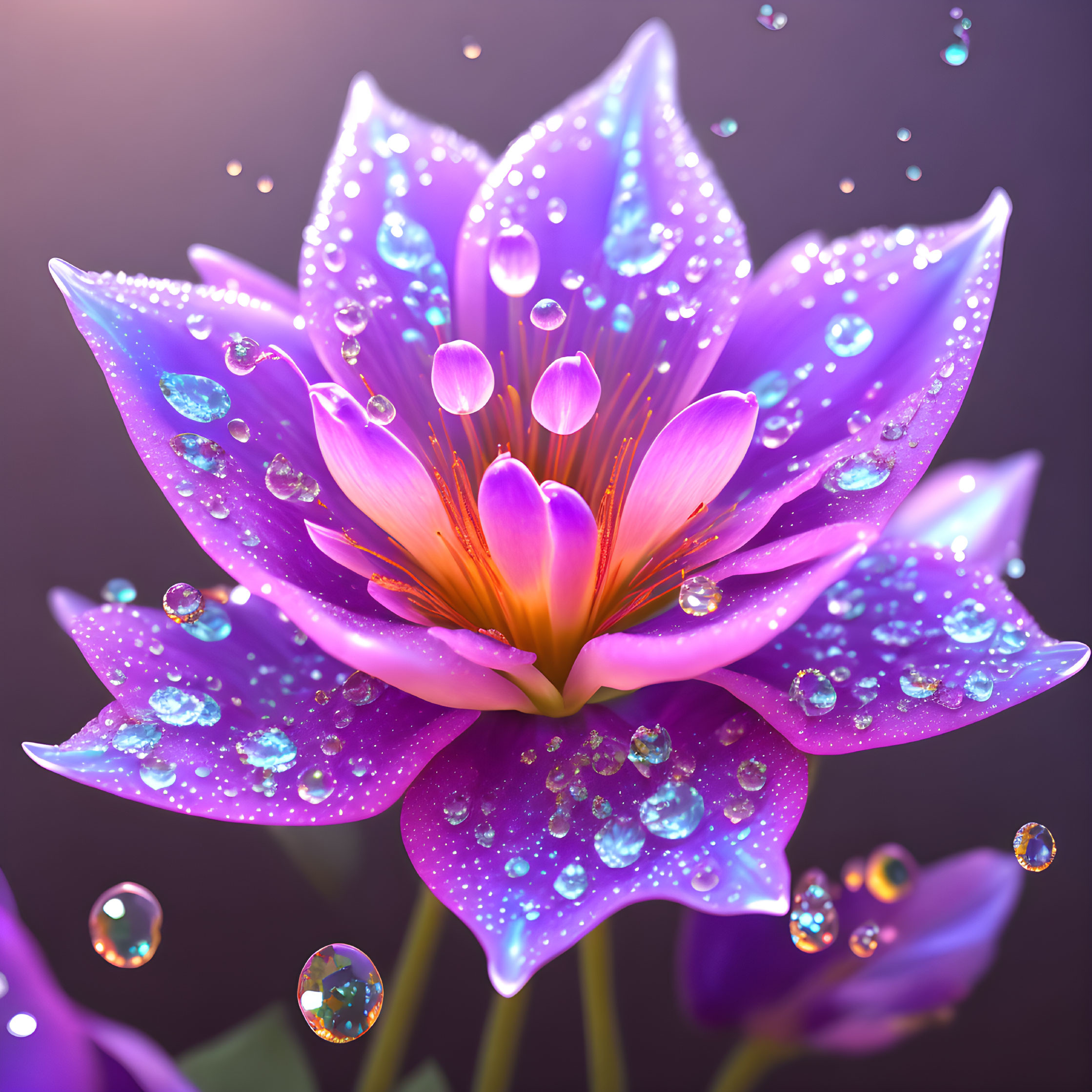 Vibrant purple flower with yellow center and water droplets on dark background
