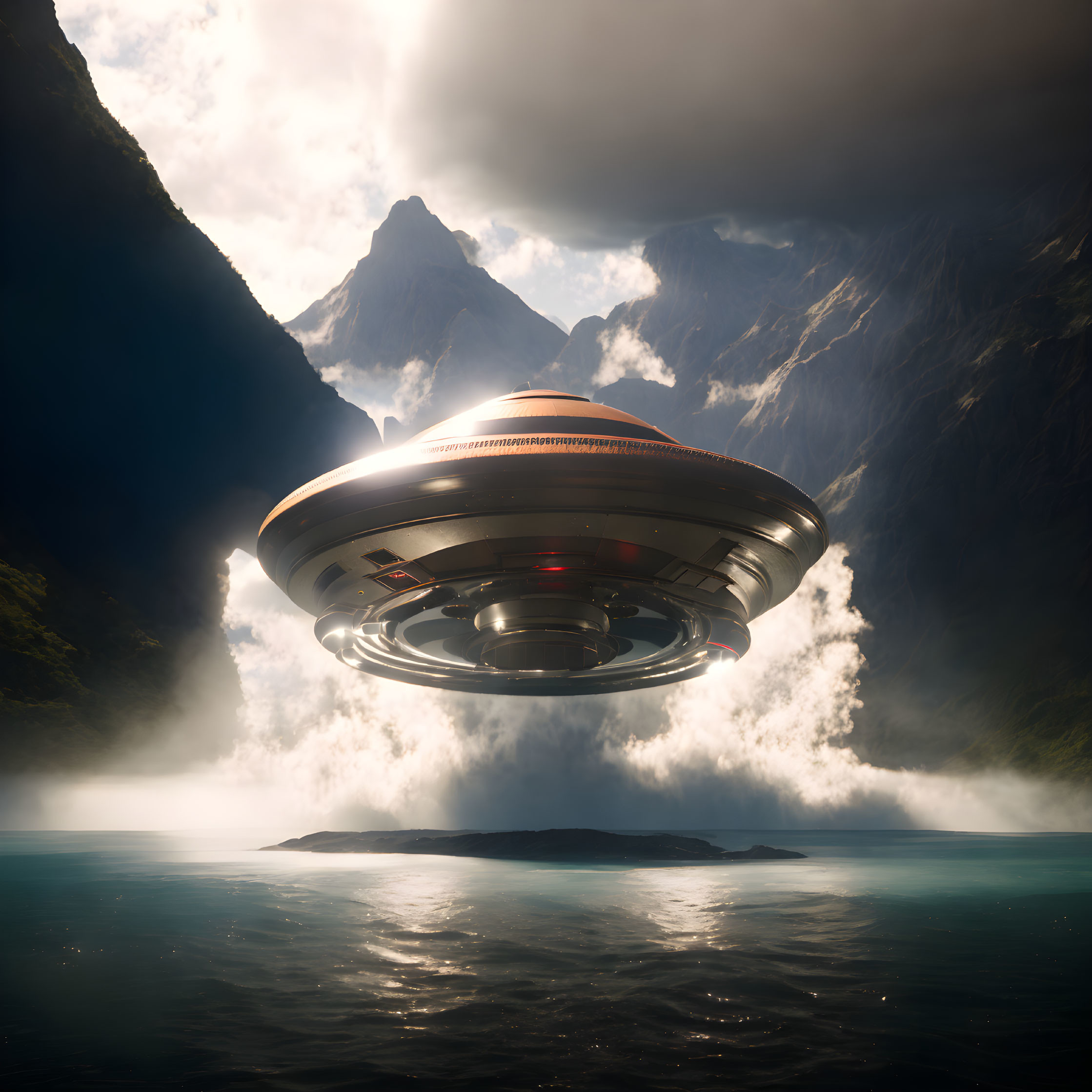 Metallic UFO hovers over serene landscape with mountains, water, and mist