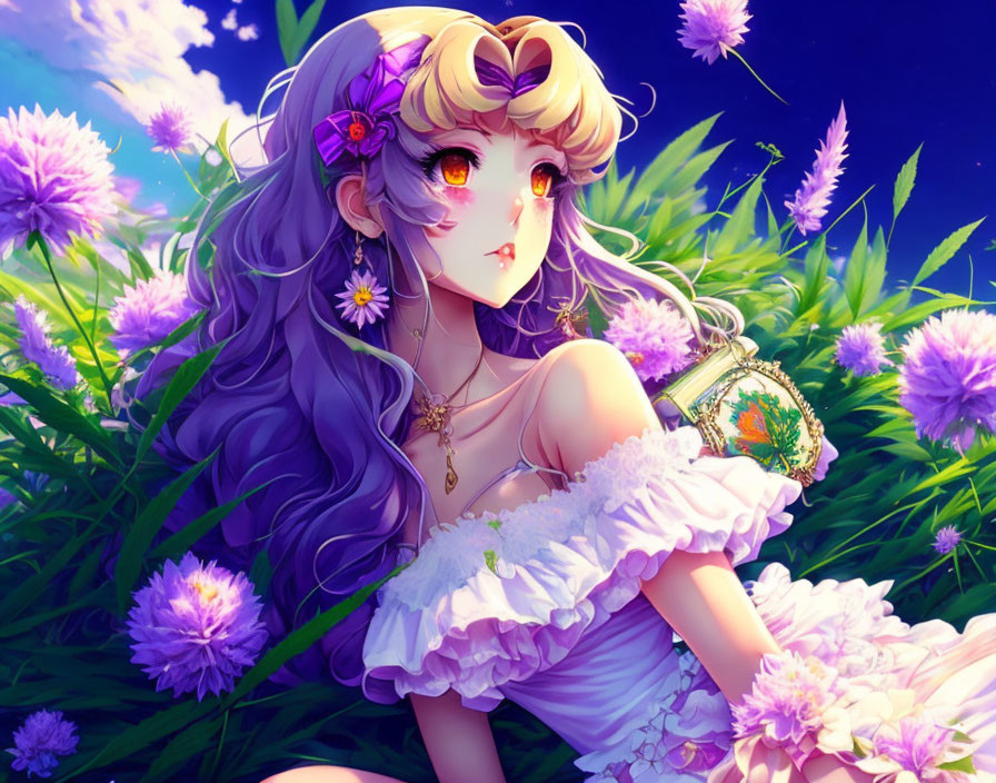 Illustration of girl with purple hair and golden eyes in a flower-filled field with hand mirror.