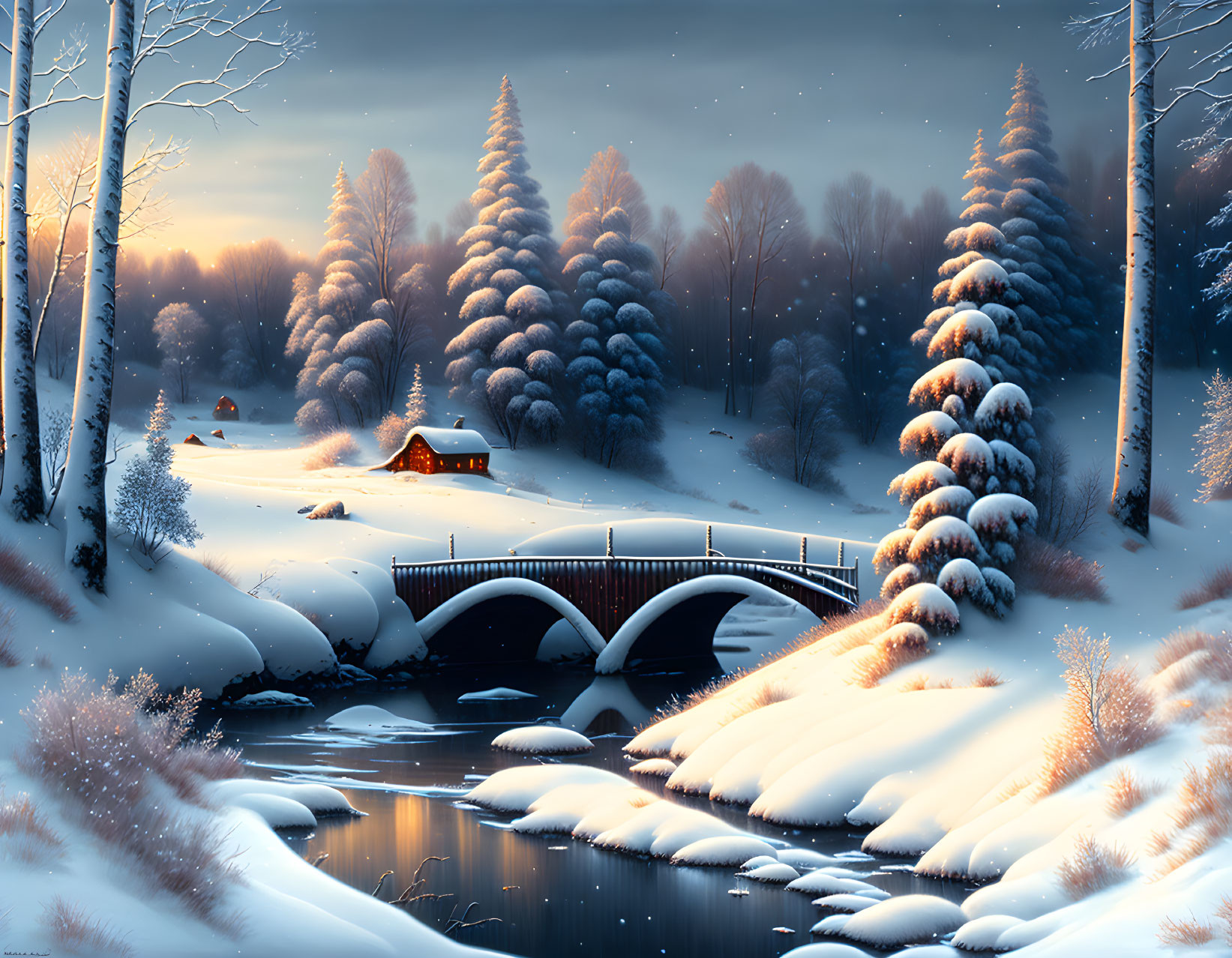 Snow-covered trees, bridge, cottage, and snowfall in serene winter landscape
