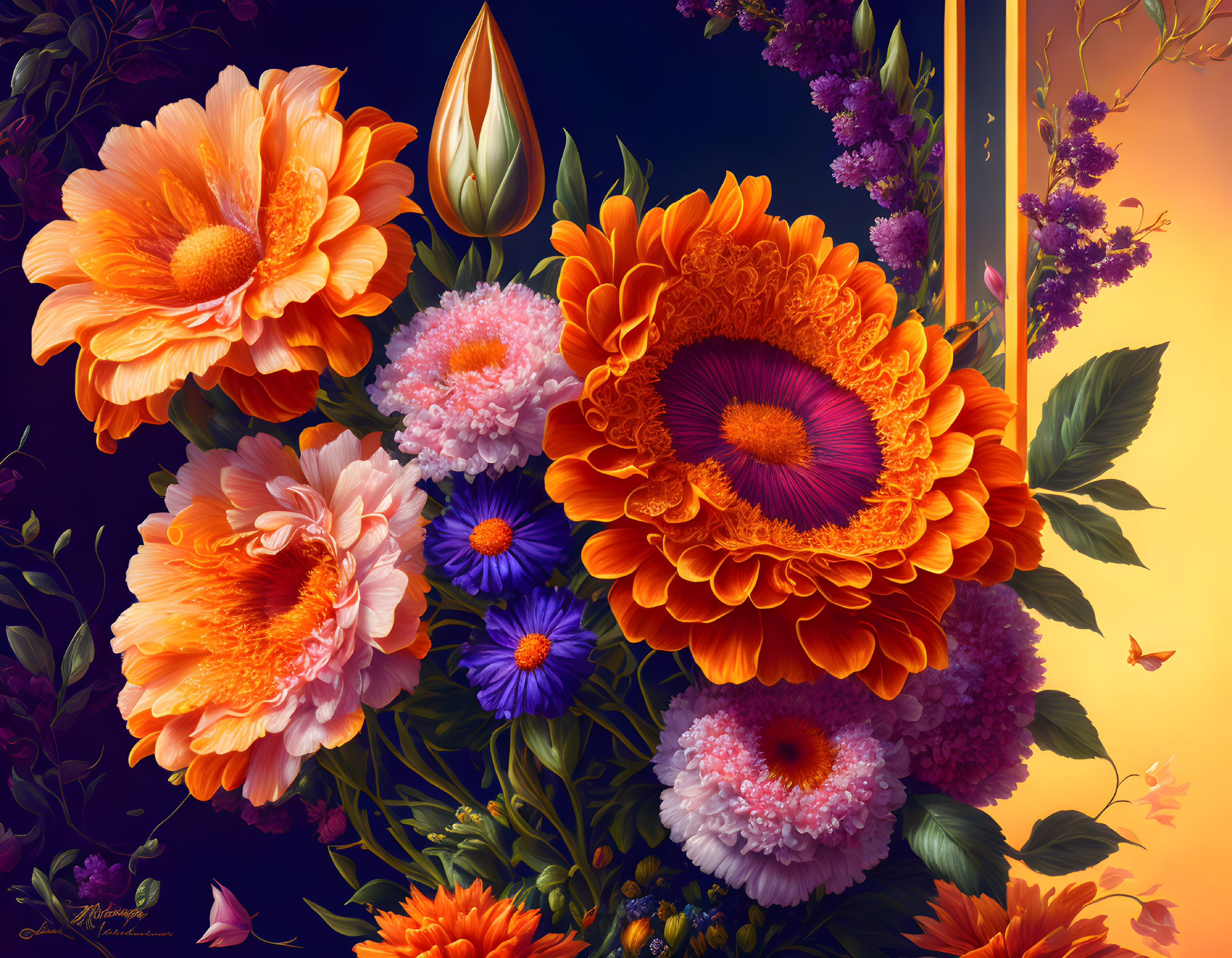 Colorful digital artwork featuring assorted flowers, orange blooms, purple accents, golden droplet, and subtle