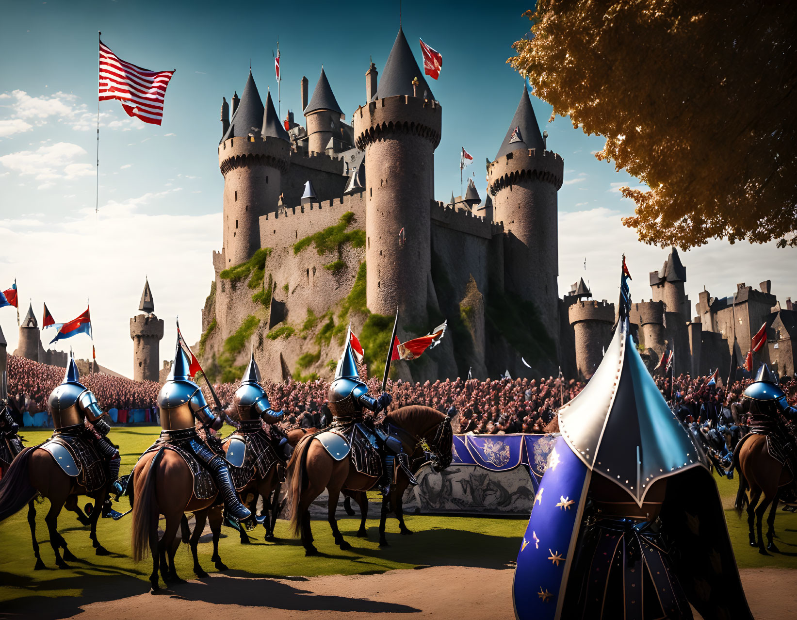 Medieval castle with knights on horseback and crowds gathering