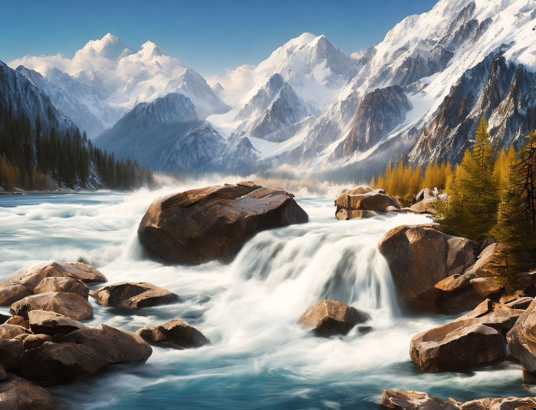 Majestic mountain landscape with rushing river and snow-capped peaks