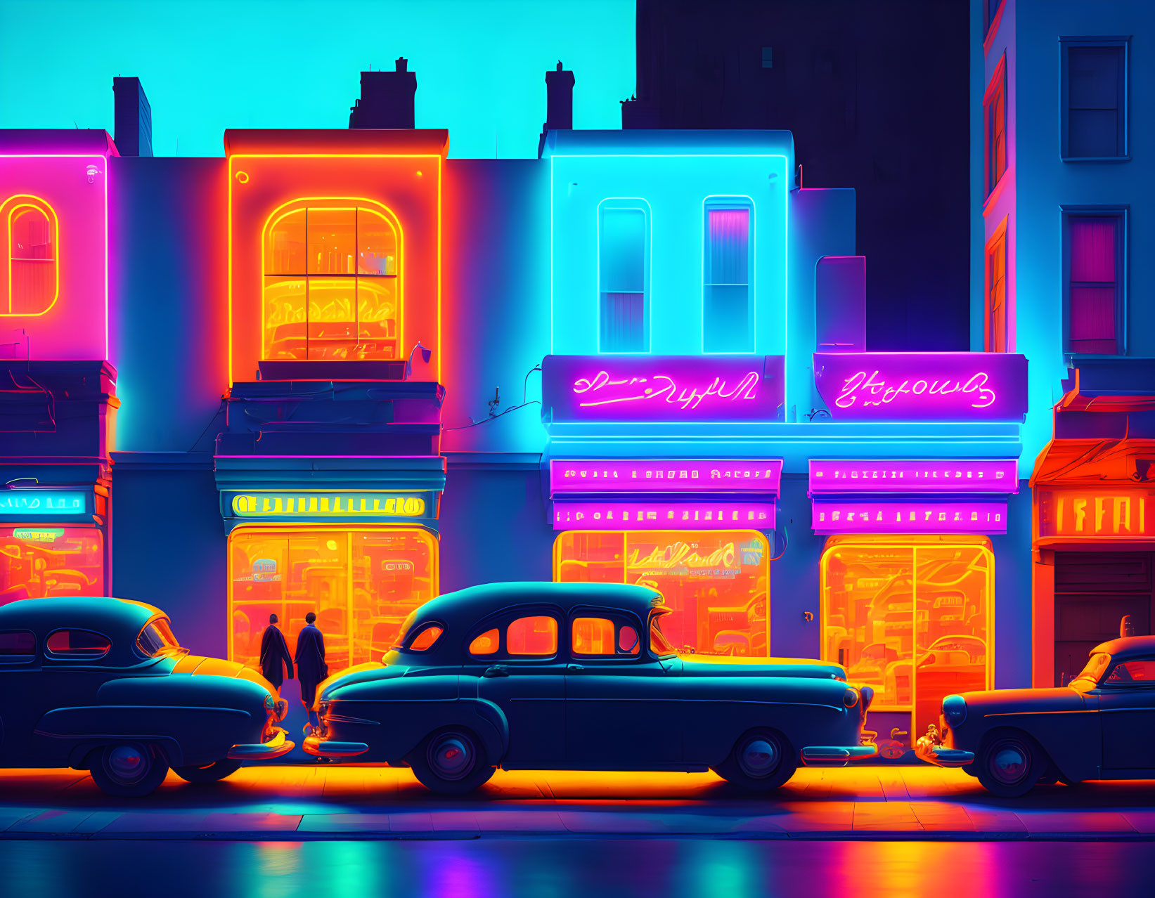 Neon-lit street scene at dusk with vintage cars and retro buildings