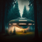 Misty forest scene with large hovering UFO and illuminated trees