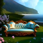 Vintage Ornate Sofa with Floral Patterns in Surreal Outdoor Setting