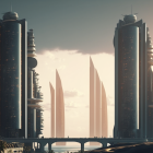 Sleek futuristic cityscape with tall towers, bridge, floating vehicles
