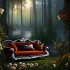 Vintage Red Sofa in Mystical Forest with Butterflies and Flowers