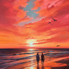 Couple walking on beach at sunset under cherry blossom trees with waves and sun reflection