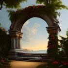 Stone archway with red flowers in serene landscape with distant mountains and birds in flight