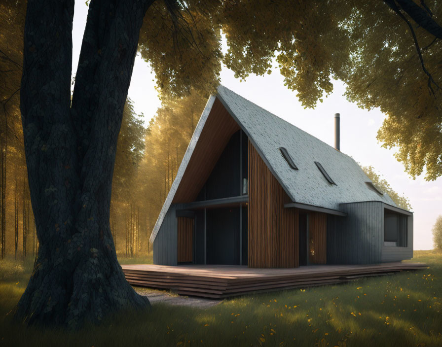 Modern A-Frame House with Large Windows, Deck, and Chimney in Forest Clearing