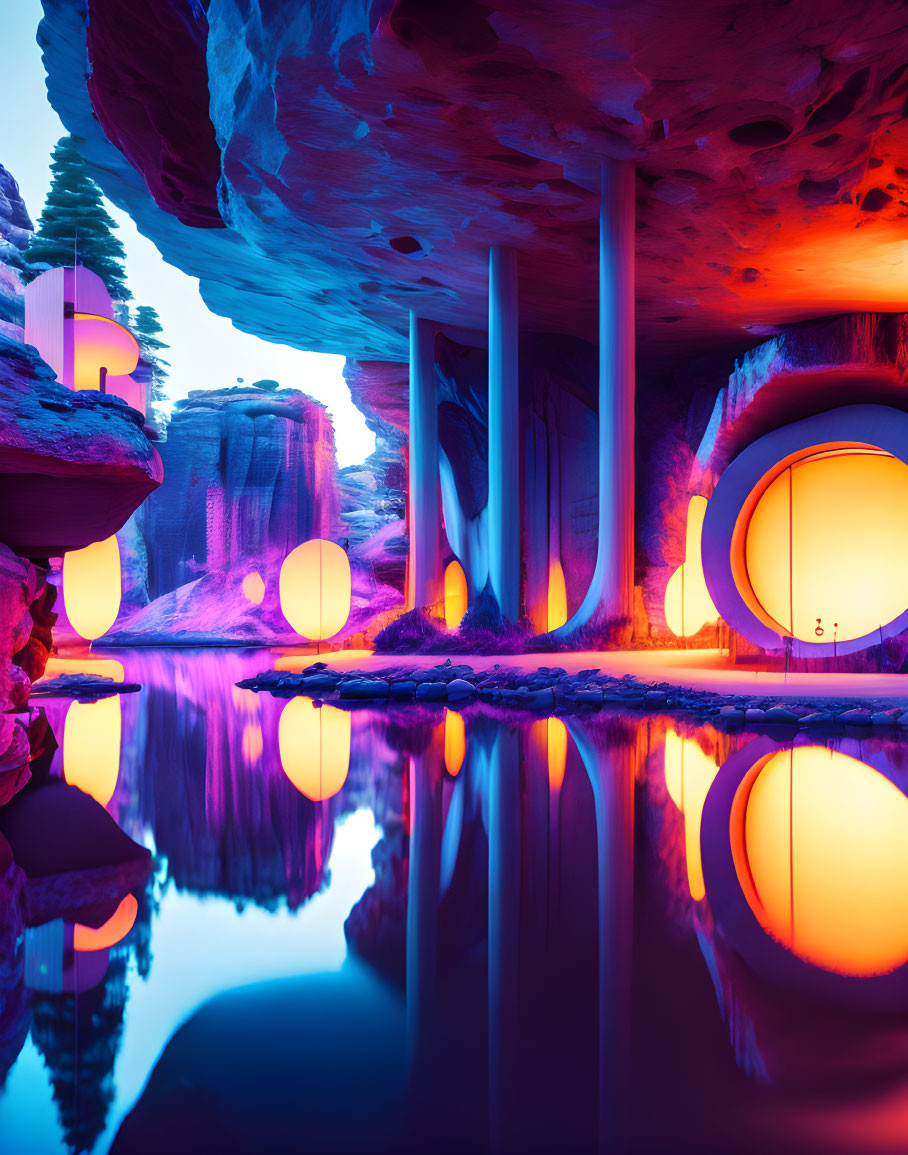 Surreal futuristic landscape with glowing orbs and reflective water