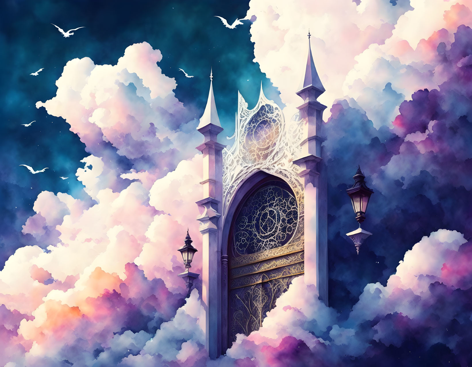 Ornate Fantasy Gate with Spires in Colorful Clouds