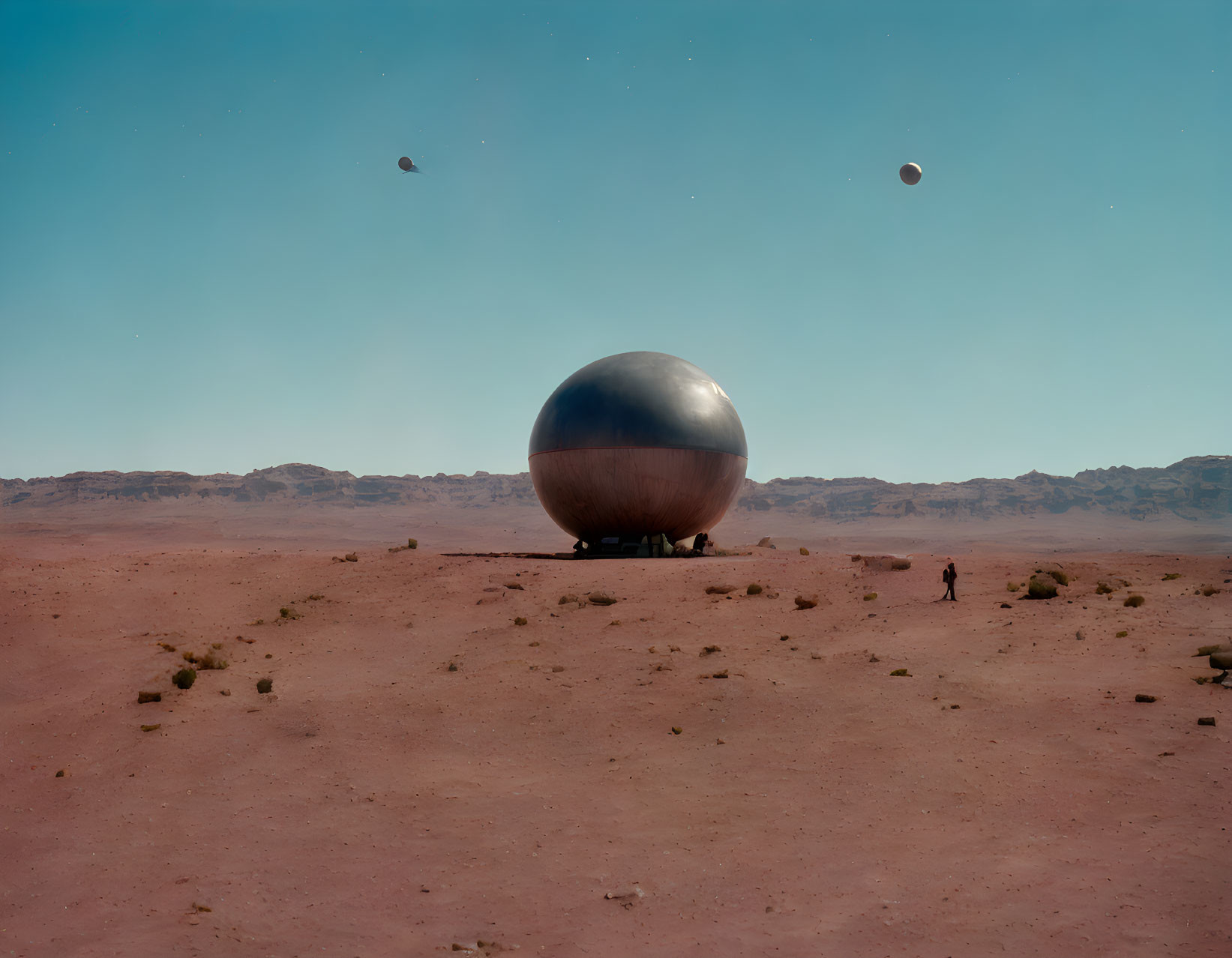 Shiny metallic sphere in desert with two people and distant planets