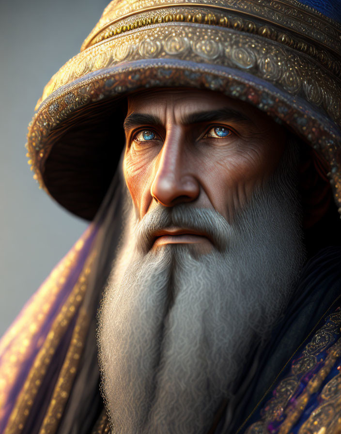 Detailed 3D-rendered portrait of wise man with grey beard and golden turban