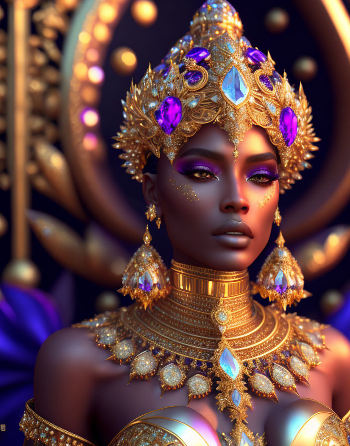Digital Artwork of Woman with Striking Purple Makeup and Ornate Gold Jewelry