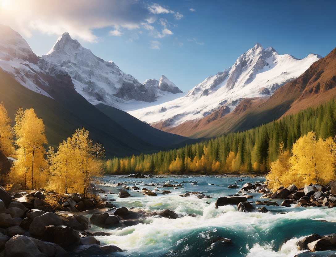 Scenic autumn landscape with golden trees, river, and snow-capped mountains