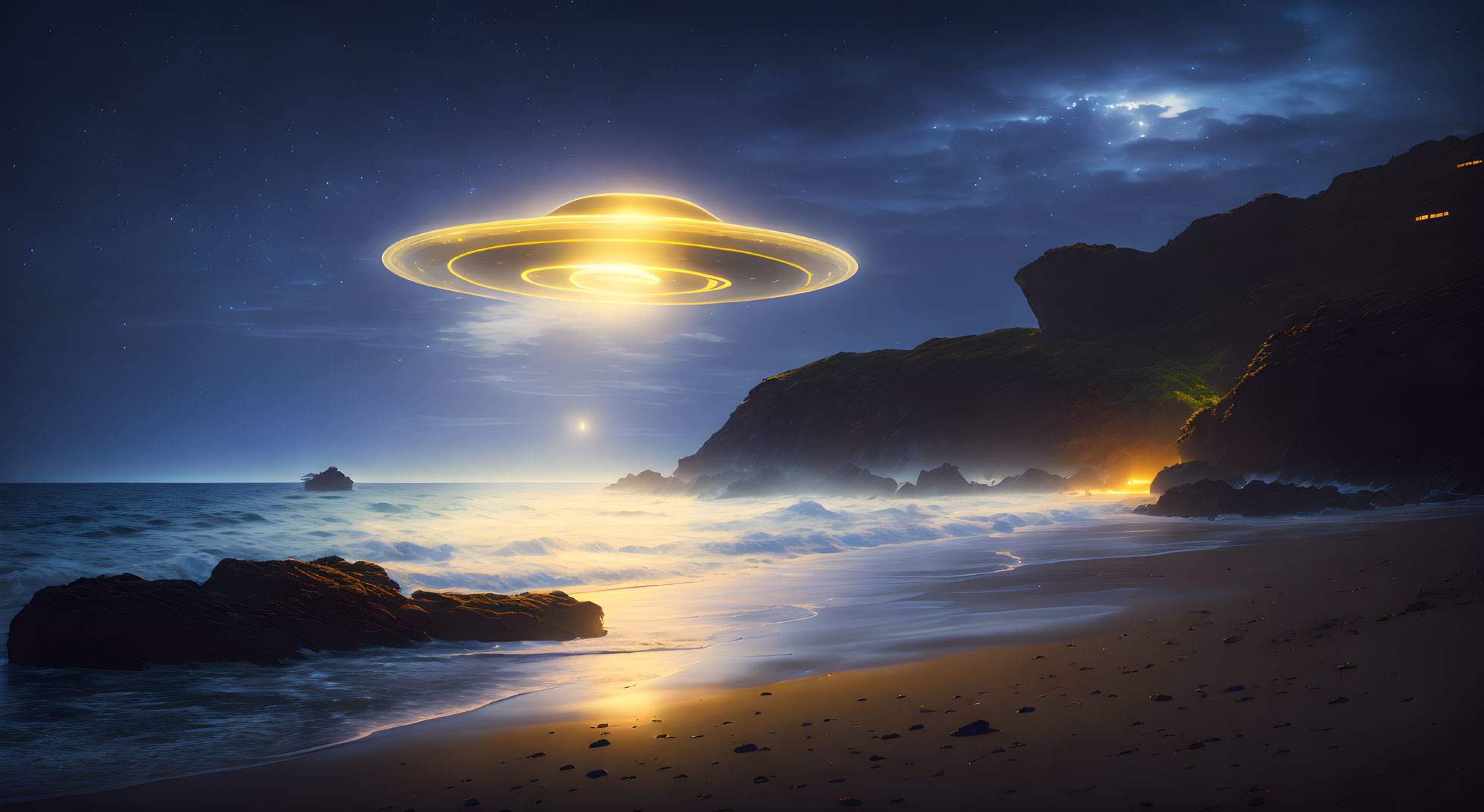 Mysterious UFO over serene beach at night with glowing rocks