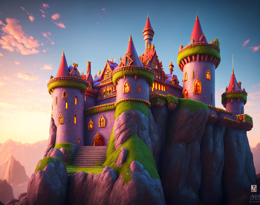 Castle with spires and turrets on cliff at sunset