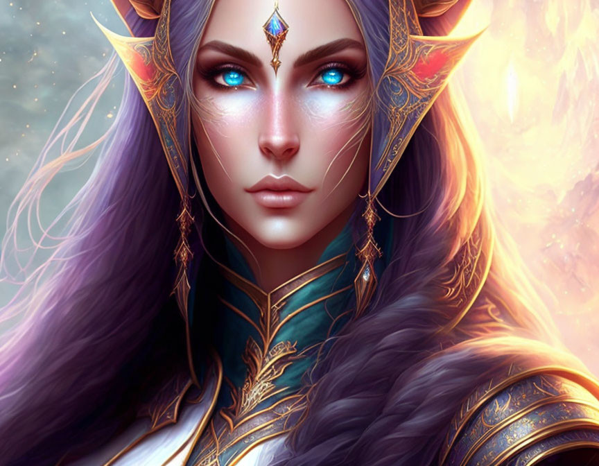 Fantasy digital artwork of female character with blue eyes and purple hair