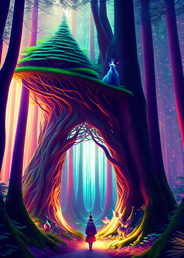 Enchanting fantasy forest with mystical archway and cloaked figure