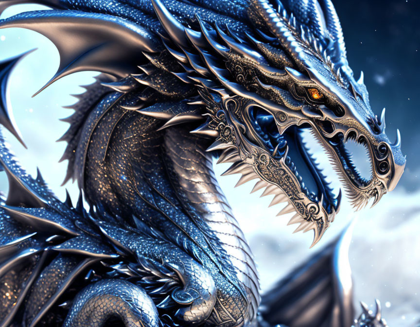 Detailed illustration of majestic blue dragon against starry night sky