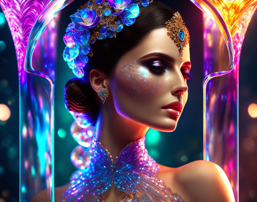 Colorful Gemstone Jewelry Adorns Woman in Neon-lit Digital Art