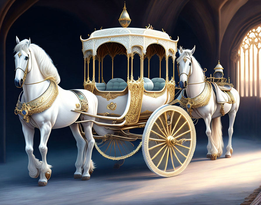 Golden-trimmed carriage drawn by white horses in grand arched hallway