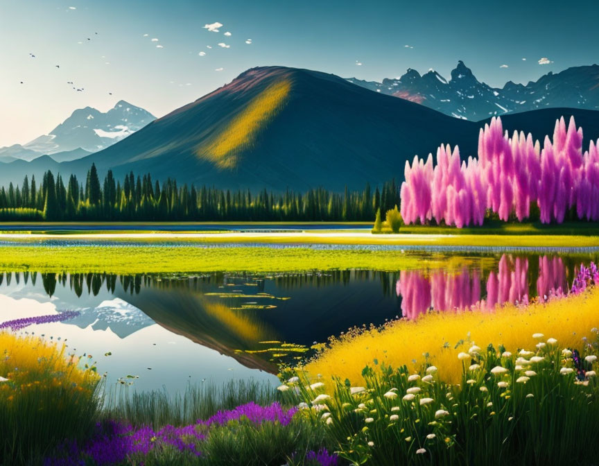 Scenic landscape with mountains, lake, trees, flowers, and birds
