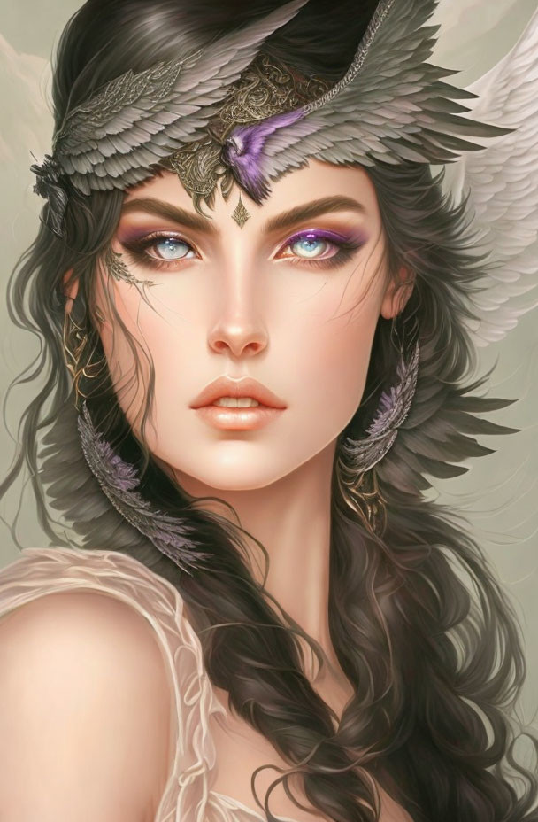 Fantastical woman portrait with large, multi-colored eyes and feathered headpiece