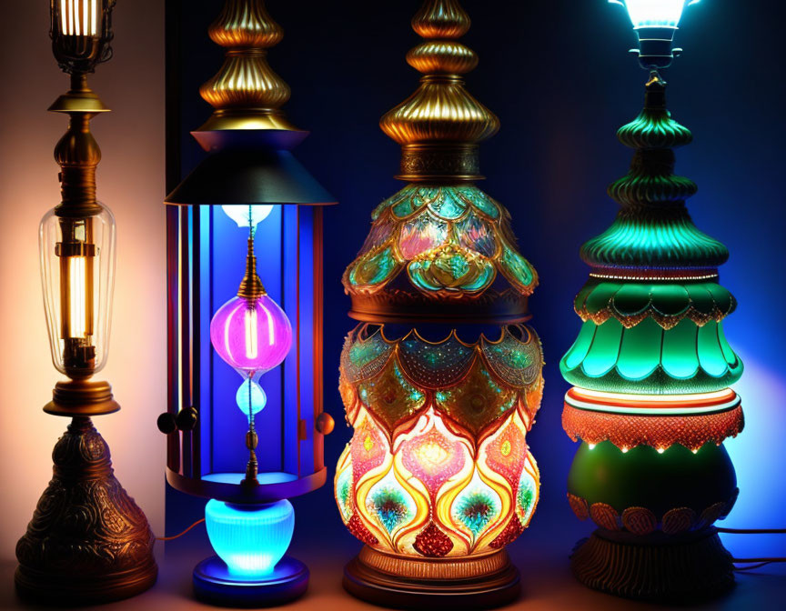 Four ornate illuminated lamps with intricate designs on dark background