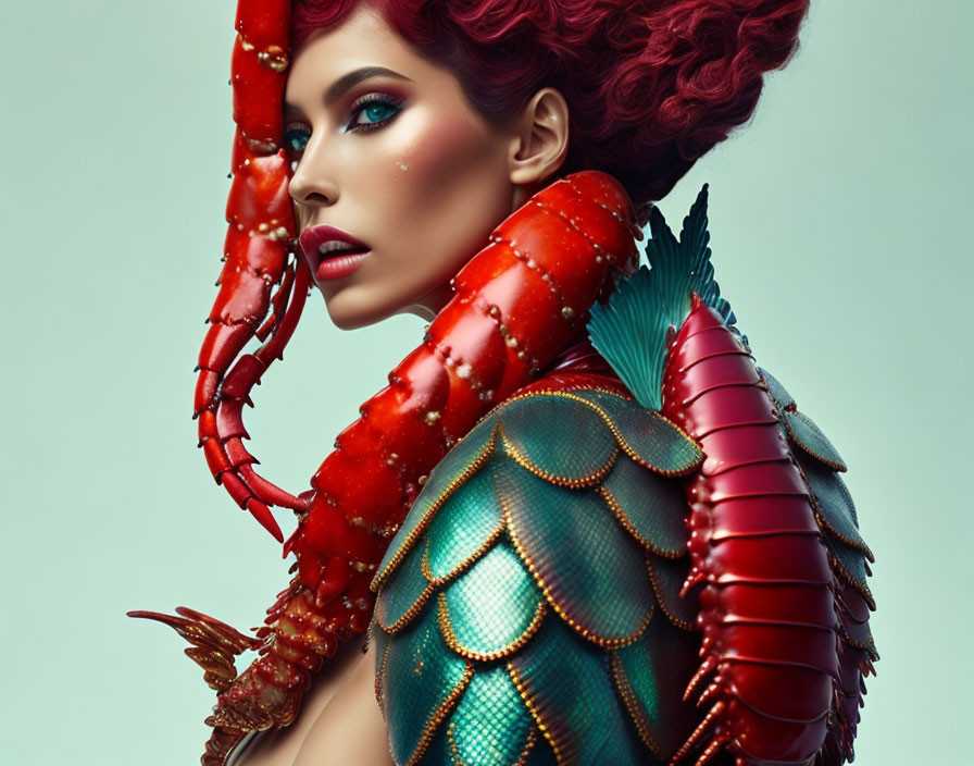 Red-haired woman in avant-garde lobster and scale outfit on light background