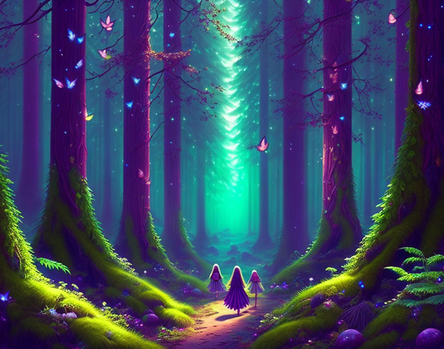 Enchanted Forest Path with Glowing Clearing and Figures
