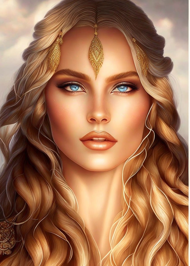 Portrait of Woman with Golden Hair and Blue Eyes in Gold Head Jewelry