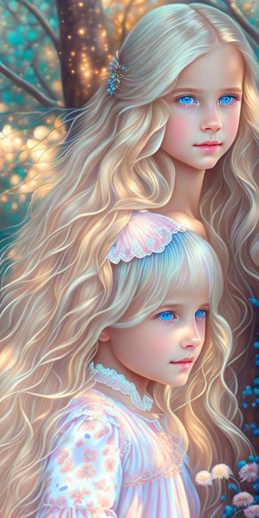 Two girls with blue eyes and blonde hair in dreamy forest setting