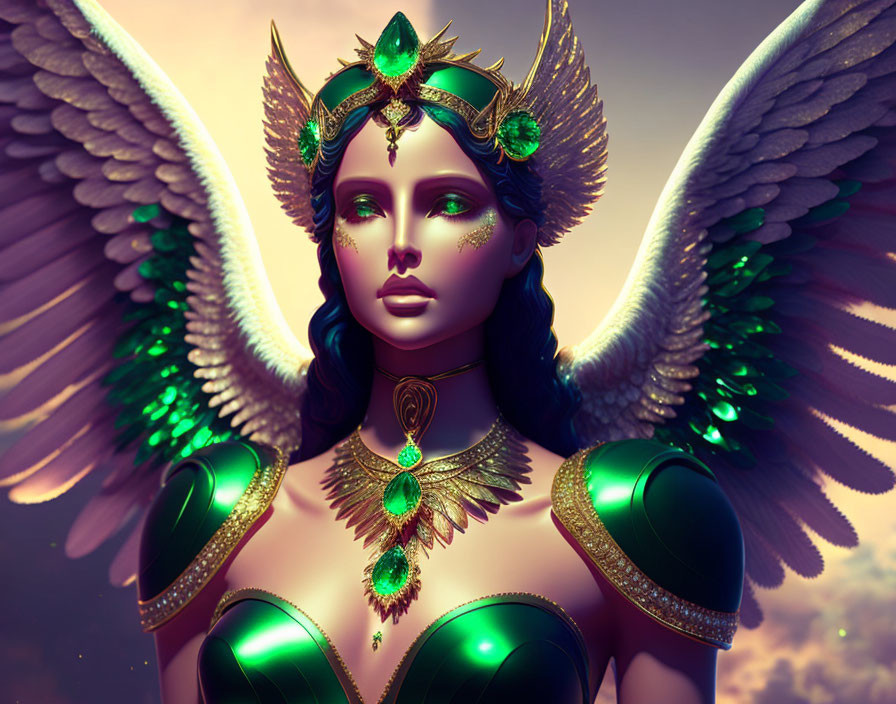 Multicolored winged female in green and gold armor on warm backdrop