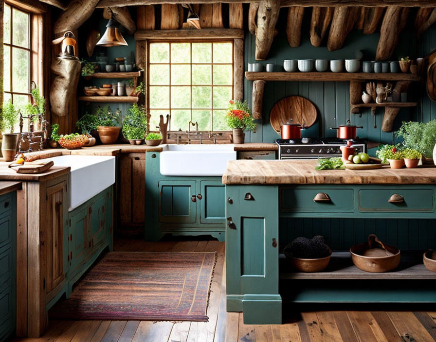 Rustic kitchen with teal cabinets, wooden countertops, farmhouse sink, herbs, copper utensils,