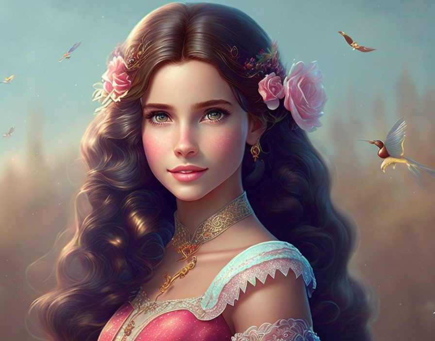 Fantasy portrait of young woman with wavy hair, pink flowers, golden jewelry, and birds.