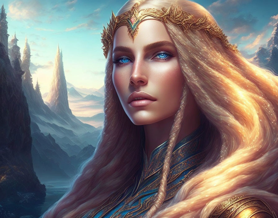 Digital art portrait of blonde elf with golden crown in fantasy landscape