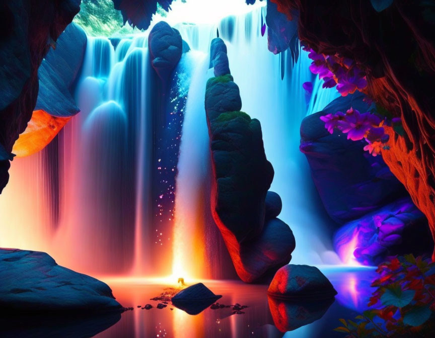 Vivid Fantasy Landscape with Glowing Waterfall