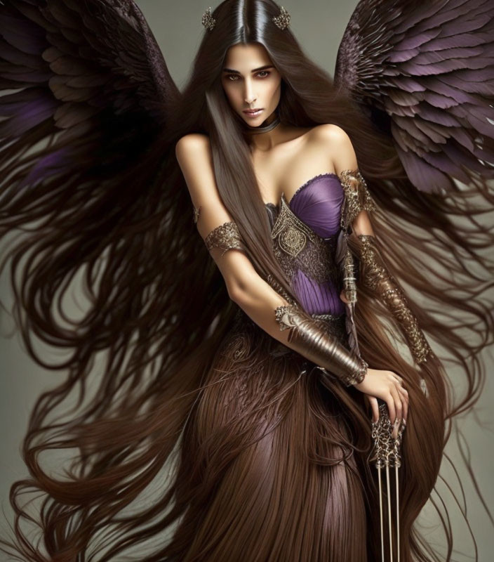 Ethereal female figure with flowing hair, wings, and staff