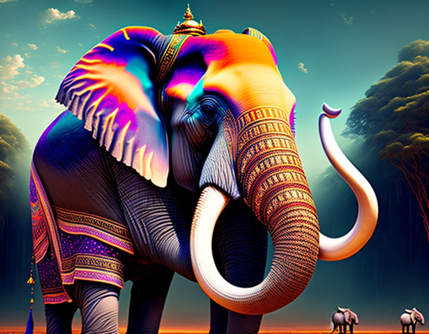 Colorful Elephant with Intricate Patterns in Surreal Sunset Scene