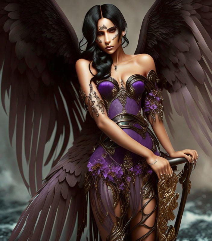 Fantasy female figure with dark wings in purple and gold attire with floral details.